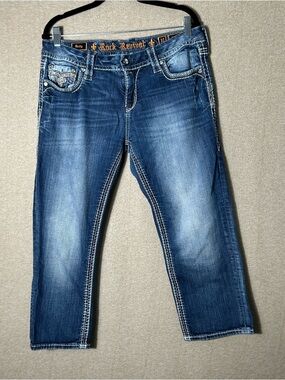 Rock Revival Betty Crop Jeans Womens Tag 31 Blue Dark Wash Embellished Denim